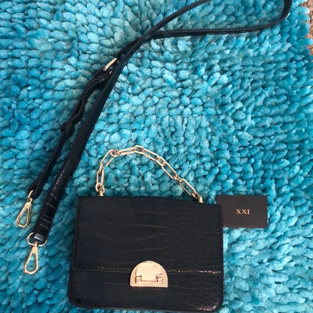 Forever 21 Black Leather Croc Crossbody Bag